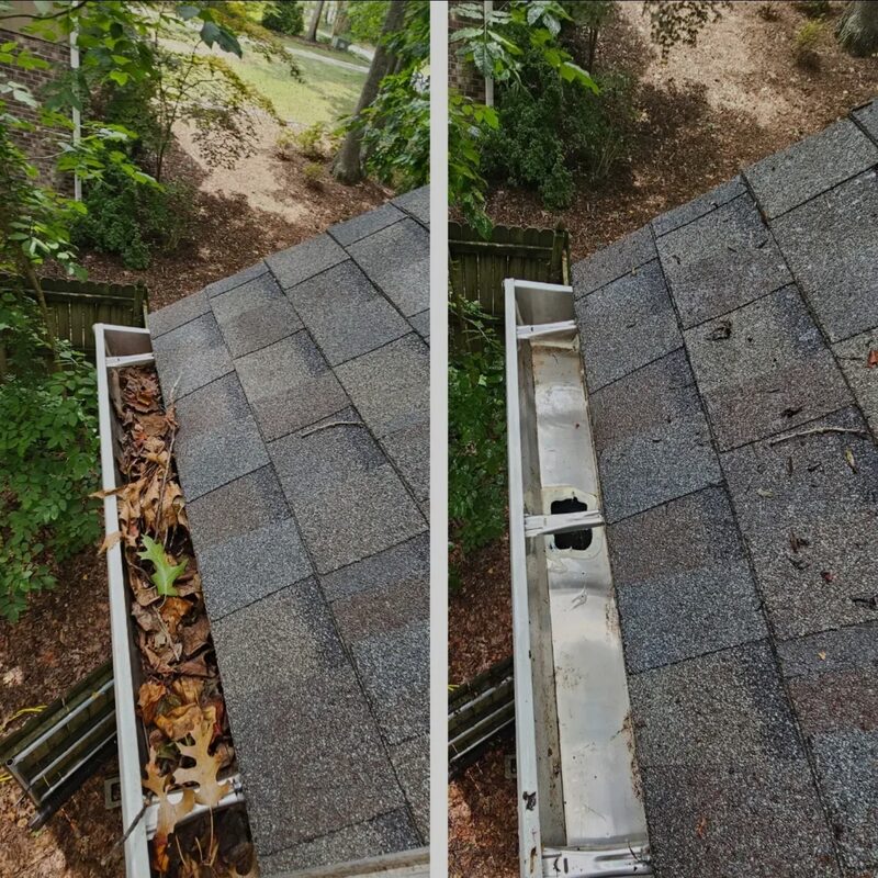 Gutter packed with leaves before cleaning, spotless after
