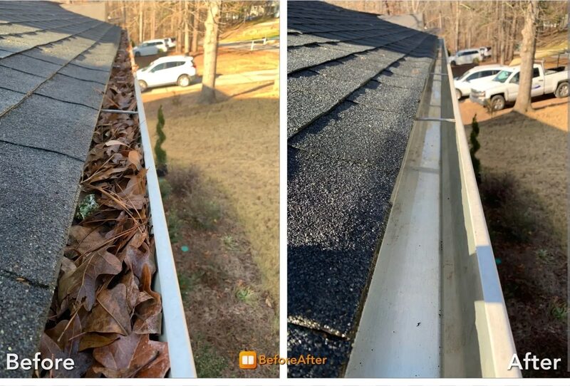 Gutter full of brown leaves before, clean after — NJ home