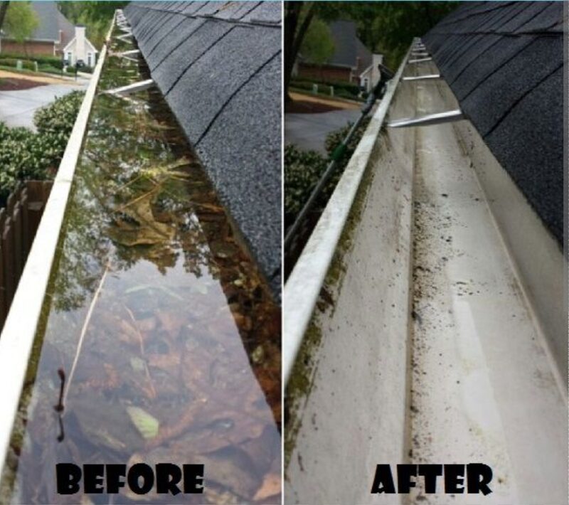 Gutter holding standing water and muck before, drained and clean after
